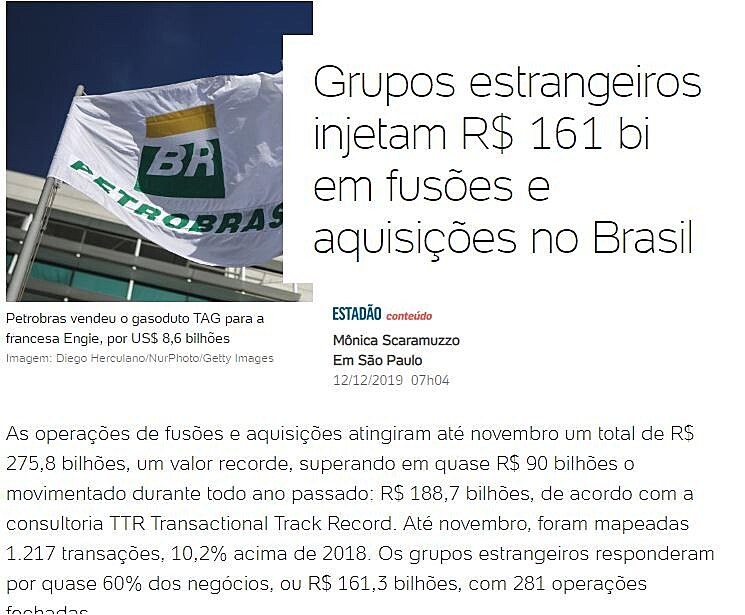 Grupos estrangeiros injetam R$ 161 bi em fuses e aquisies no Brasil